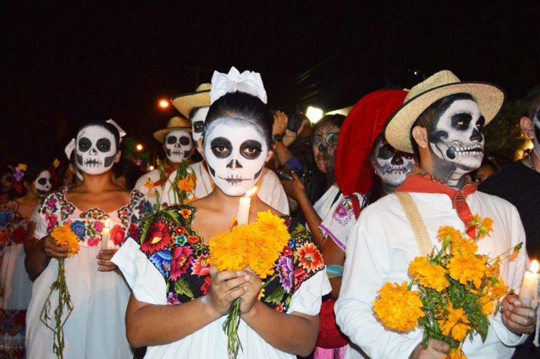 Day of the Dead is a Mexican celebration that brings family and friends together to love, honour and respect their loved ones who have died. It’s not a Mexican version go Halloween it’s Mexico’s most colourful vibrant celebrations. People dress up in costume with beautiful make-up, there are parades and parties with delicious Mexican feasts.